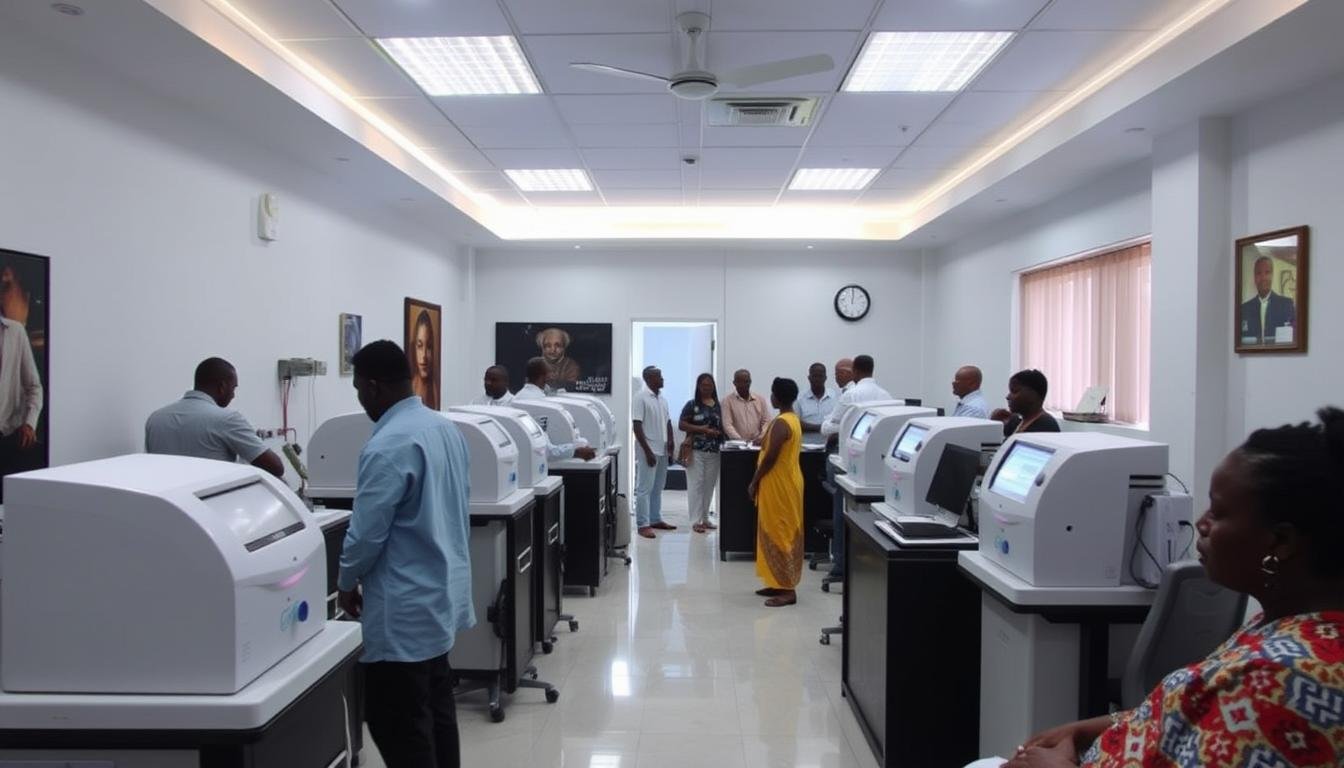 Busy Nigerian wellness center with multiple quantum analyzer stations serving clients