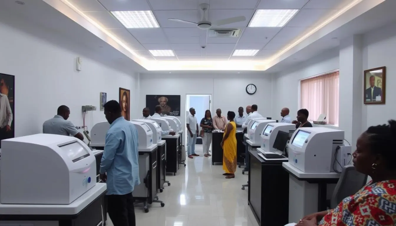 Busy Nigerian wellness center with multiple quantum analyzer stations serving clients