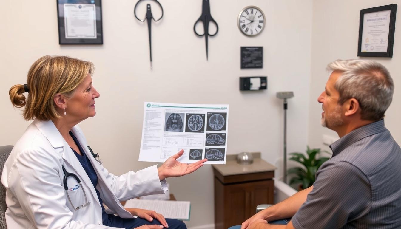Healthcare professional discussing quantum resonance magnetic analyzer limitations with a patient