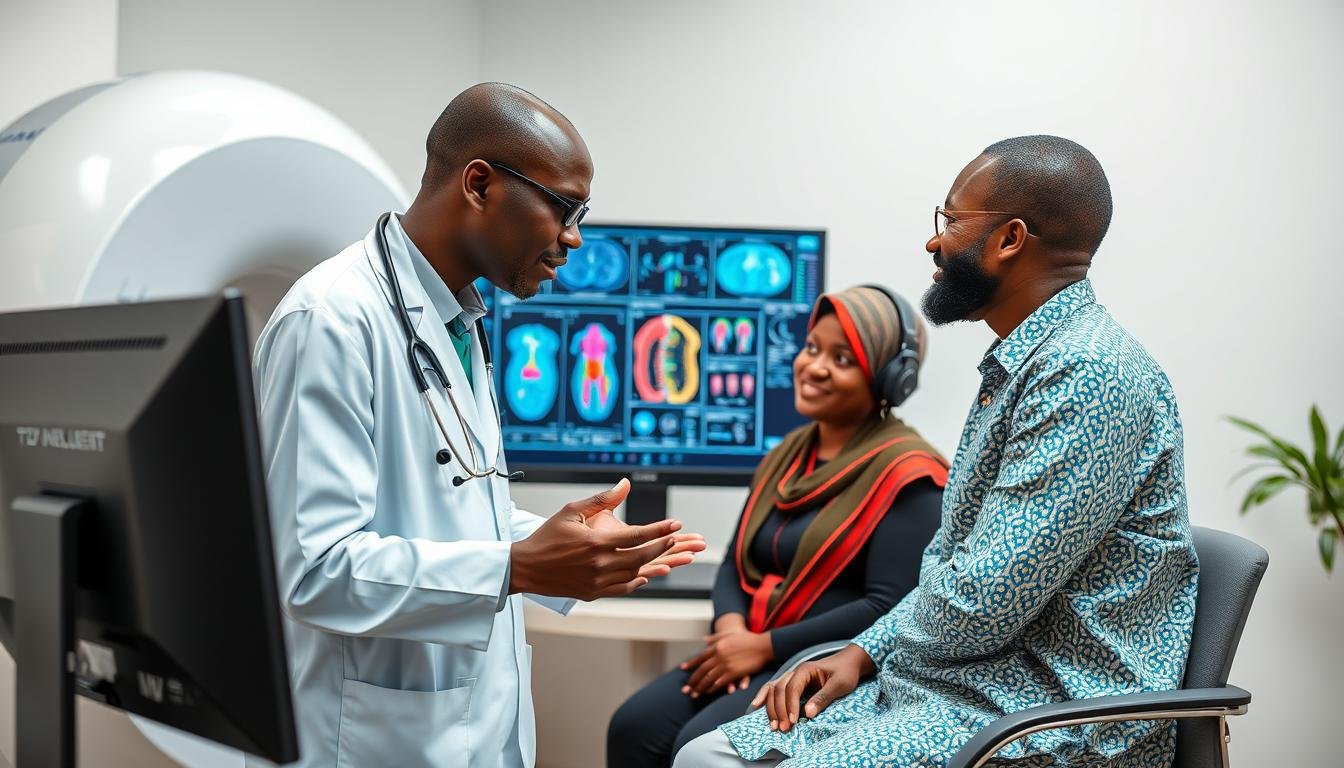 Healthcare professional discussing quantum resonance magnetic analyzer results with a patient in a Nigerian clinic