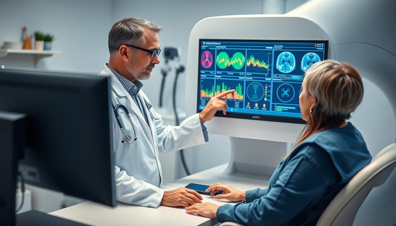 Healthcare professional explaining quantum resonance magnetic analyzer results to a patient