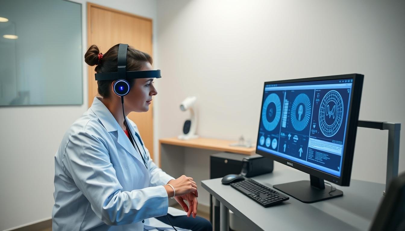 Healthcare professional using MAIKONG 9D NLS Quantum Health Analyzer with a patient