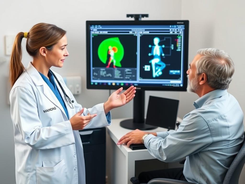 Healthcare professional using quantum resonance magnetic analyzer with patient in clinical setting