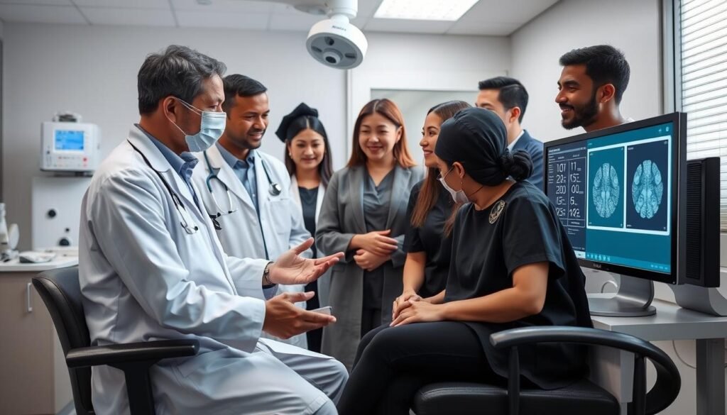 Healthcare professionals using Maikong quantum analyzer in clinical setting