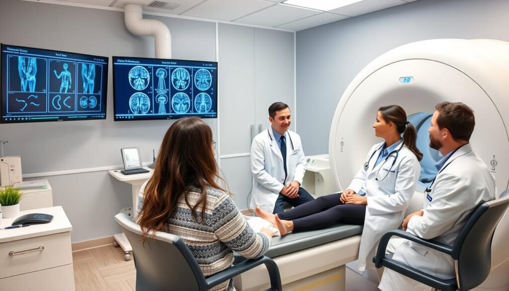 Healthcare professionals using quantum resonance magnetic analyzer with patients