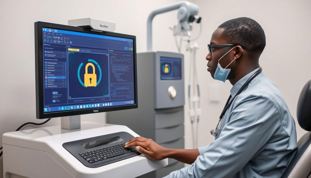 Medical professional using Quantum Resonance Magnetic Analyzer with encryption lock in Nigerian clinic