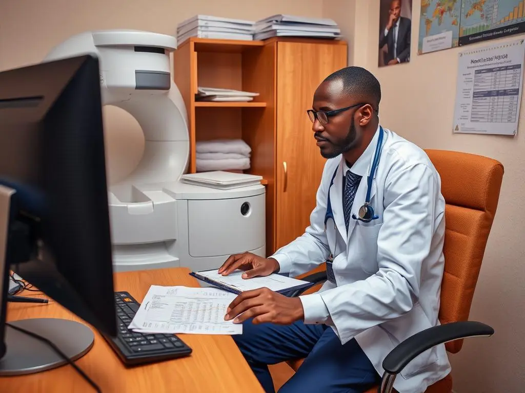 Nigerian health practitioner calculating return on investment for quantum analyzer purchase