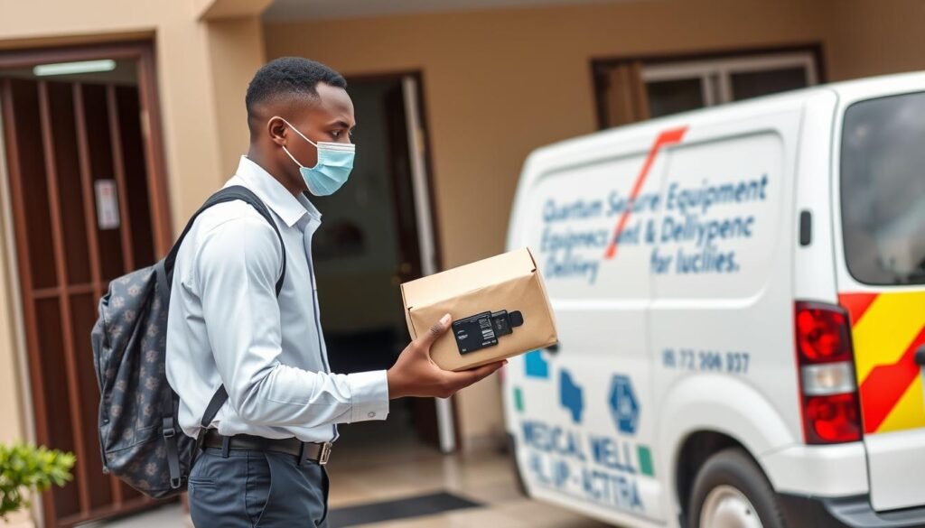 Nigerian medical supplier delivering Quantum Resonance Magnetic Analyzer Encryption Lock to a clinic