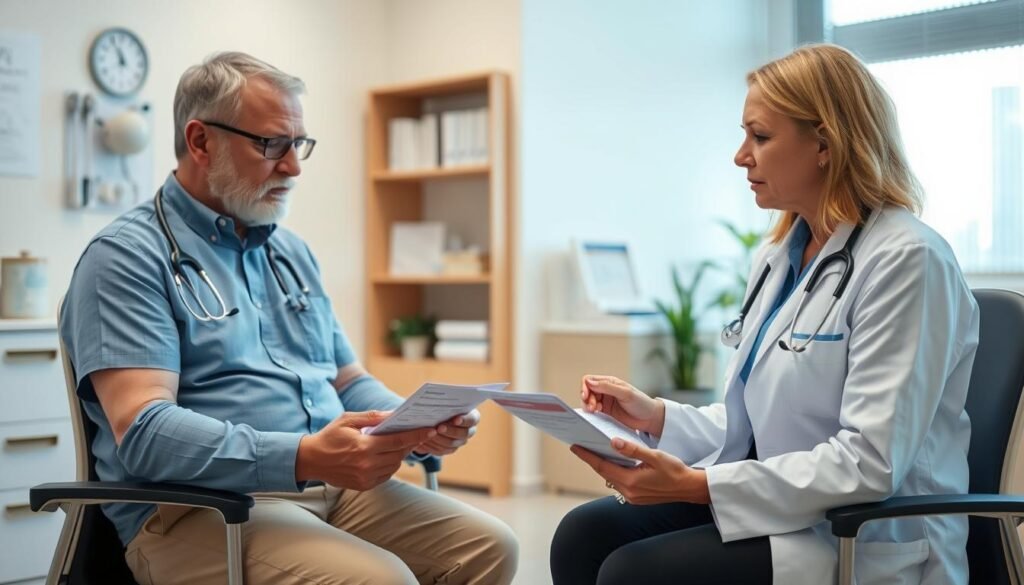 Person discussing health assessment options with healthcare provider