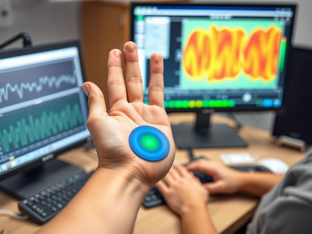 Person using the Quantum Resonance Magnetic Analyzer with hand sensor