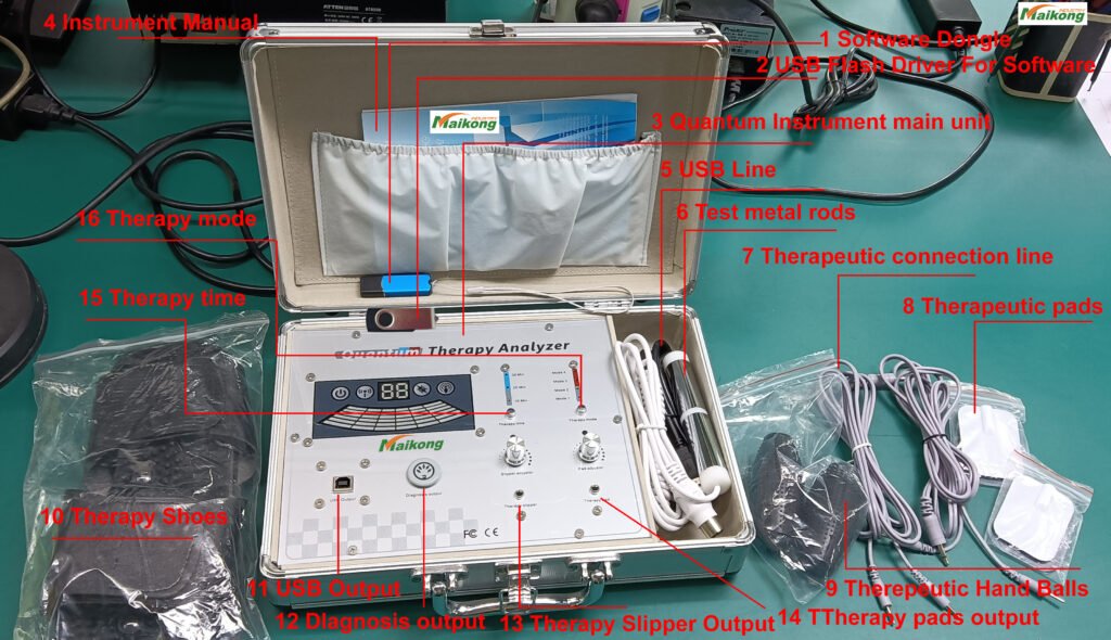 MAIKONG quantum resonance magnetic analyzer package contents including main device, sensors, and accessories