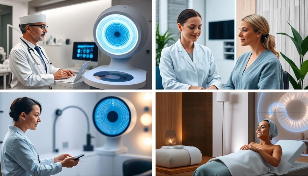 Various healthcare professionals using the Maikong quantum resonance magnetic analyzer in different settings