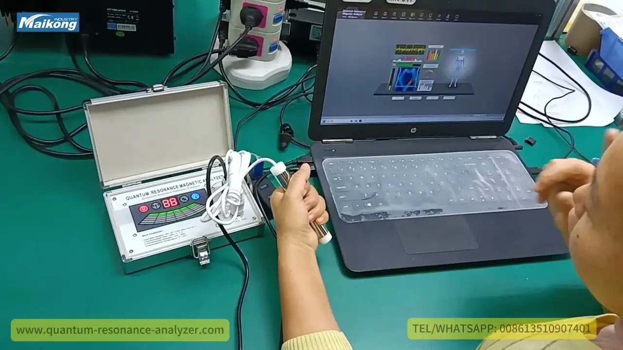 Person using quantum resonance magnetic analyzer hand sensors during scan