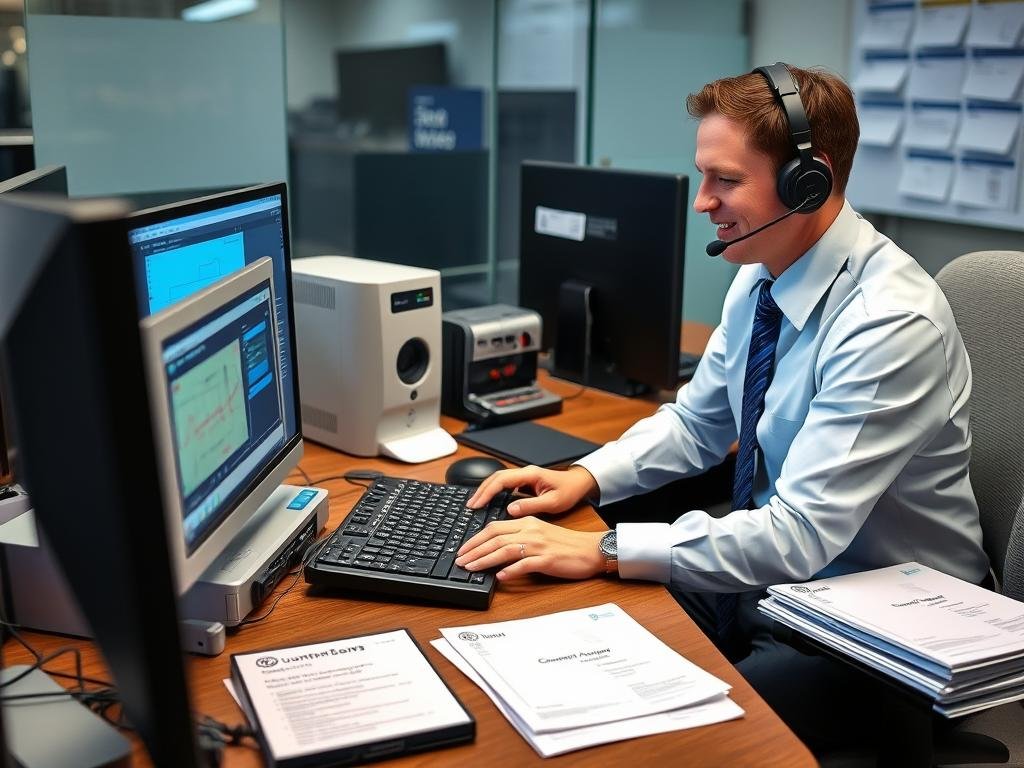 Customer support representative assisting with quantum analyzer setup Customer support representative assisting with quantum analyzer setup