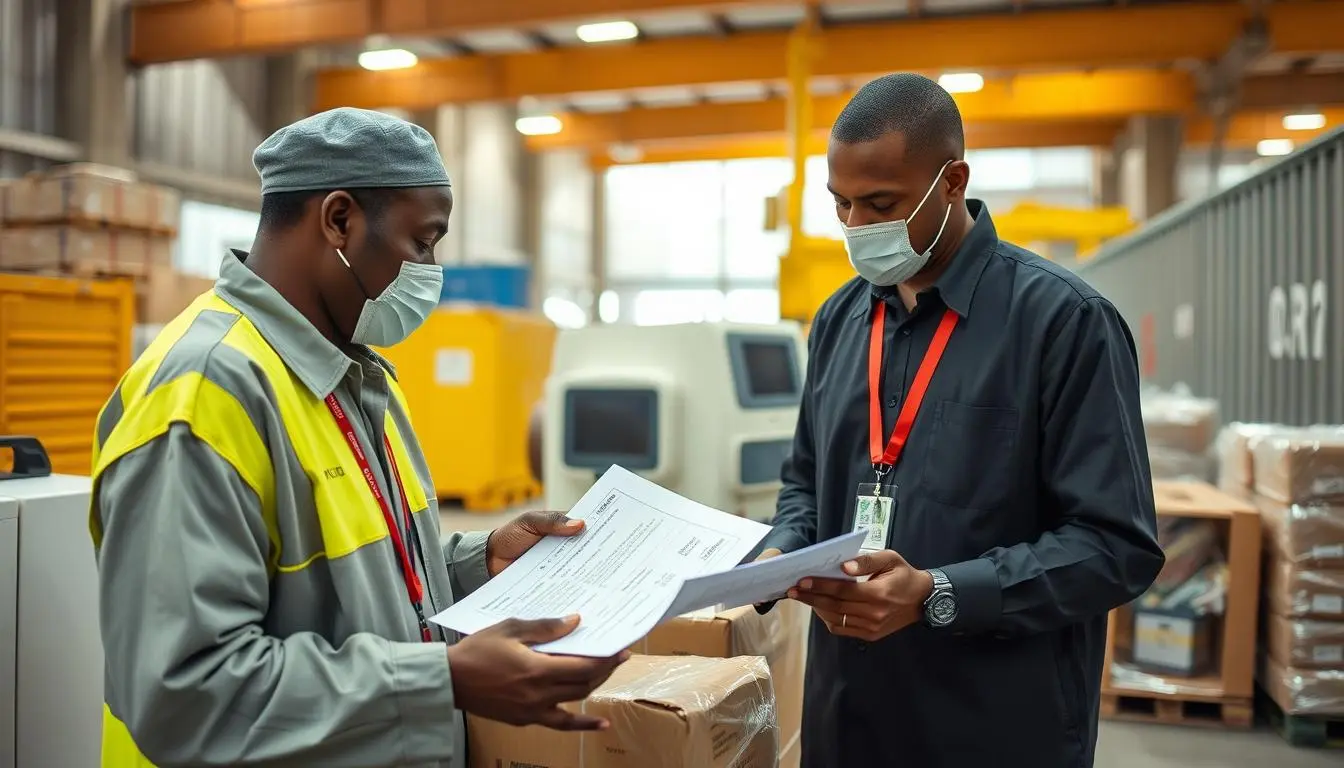 Customs official inspecting imported quantum resonance magnetic analyzers