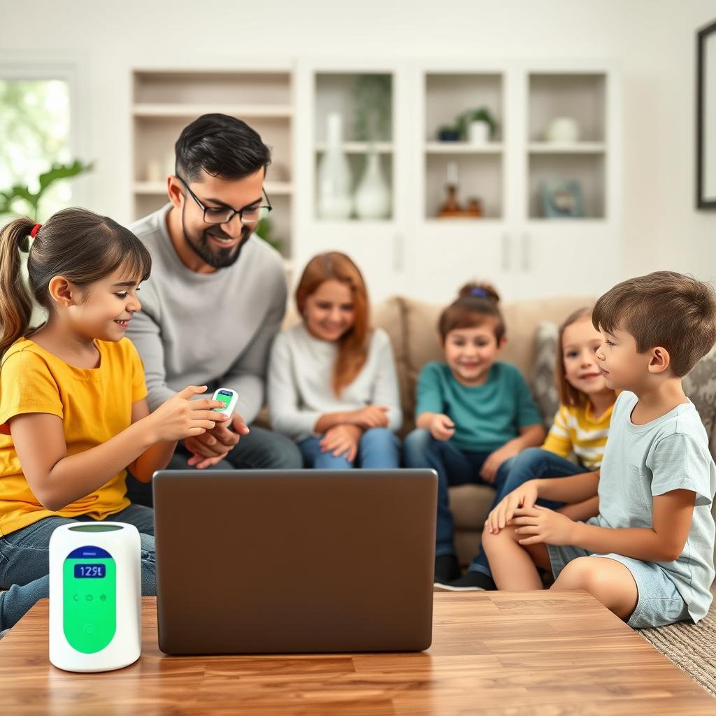 Family using palm quantum health analyzer at home for regular health monitoring