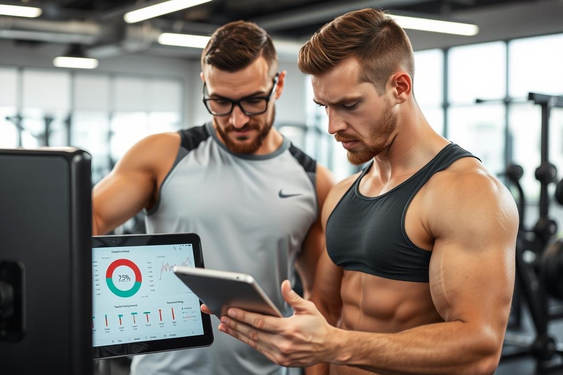Fitness trainer using quantum body analyzer machine with athlete