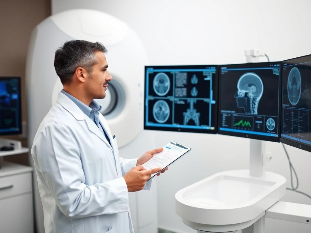 Healthcare professional comparing results from quantum analyzer and other diagnostic tools