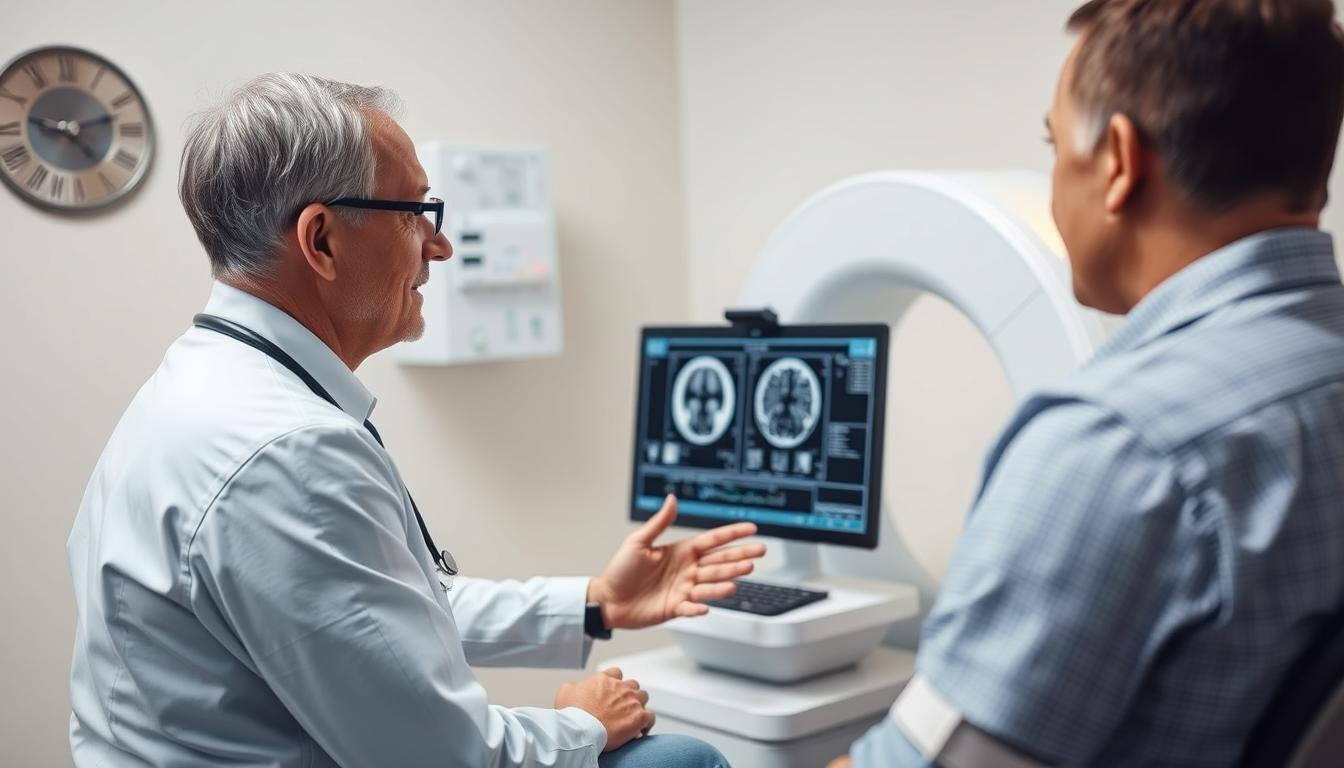 Healthcare professional discussing quantum resonance magnetic analyzer results with a patient