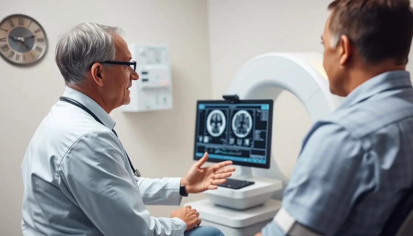 Healthcare professional discussing quantum resonance magnetic analyzer results with a patient