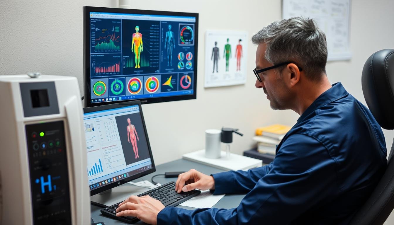 Healthcare professional interpreting quantum body analyzer results
