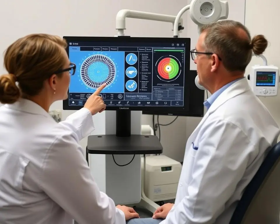 Healthcare professional reviewing quantum resonance analyzer results with a patient Healthcare professional reviewing quantum resonance analyzer results with a patient