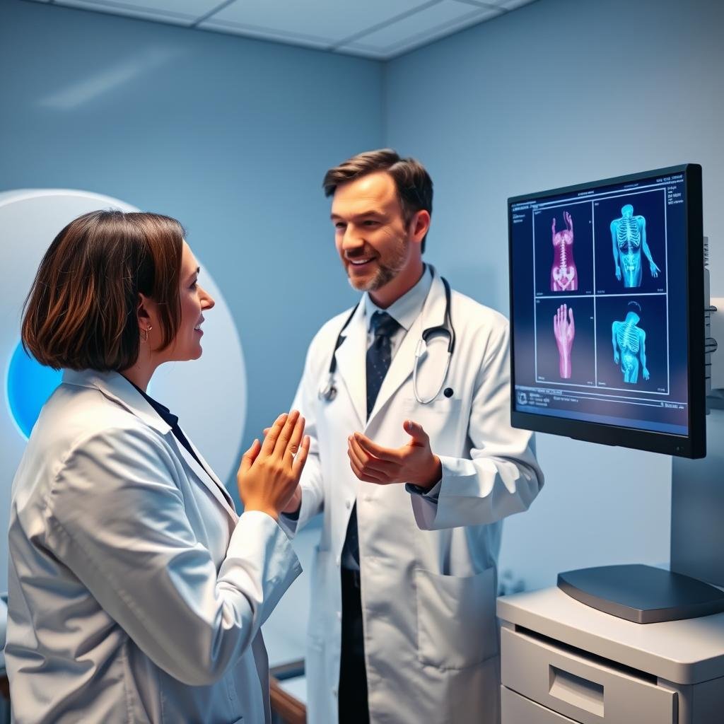Medical professional evaluating different quantum resonance magnetic analyzers before purchase Healthcare professional using a quantum resonance magnetic analyzer with a patient