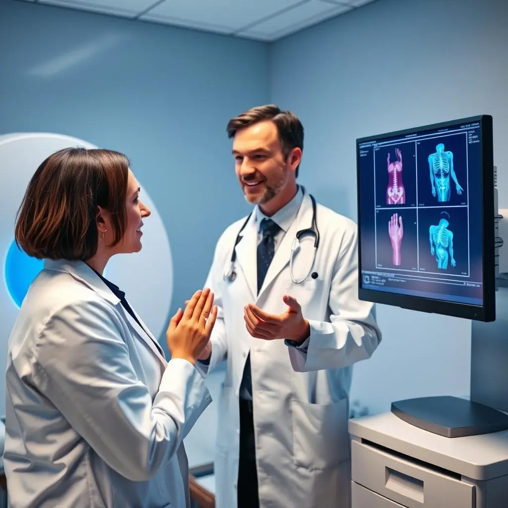 Healthcare professional using a quantum resonance magnetic analyzer with a patient