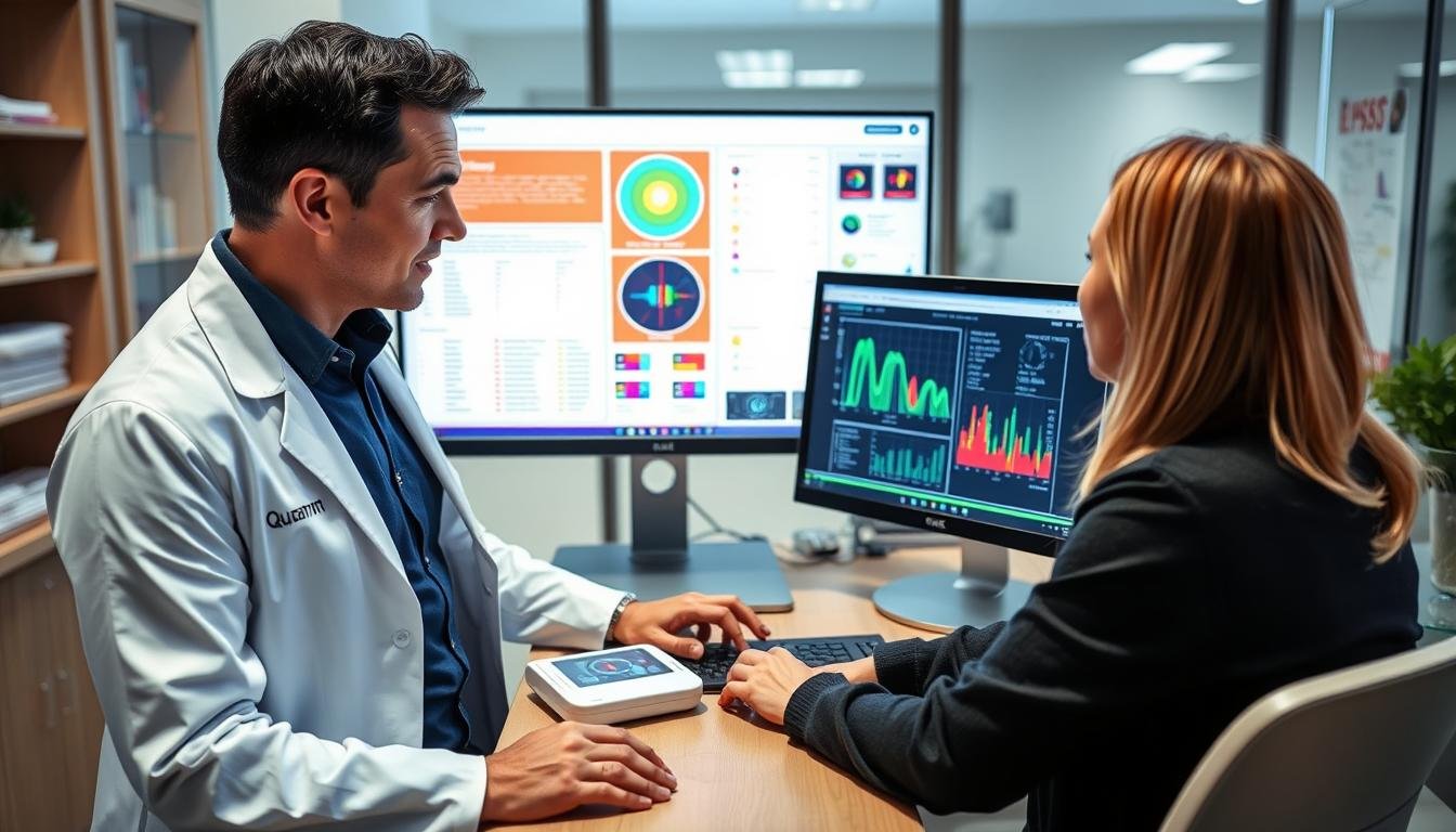Healthcare professional using quantum body analyzer machine with patient