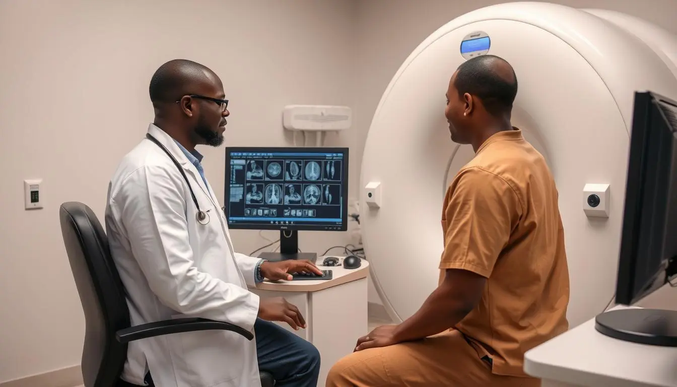 Healthcare professional using quantum resonance magnetic analyzer with a patient