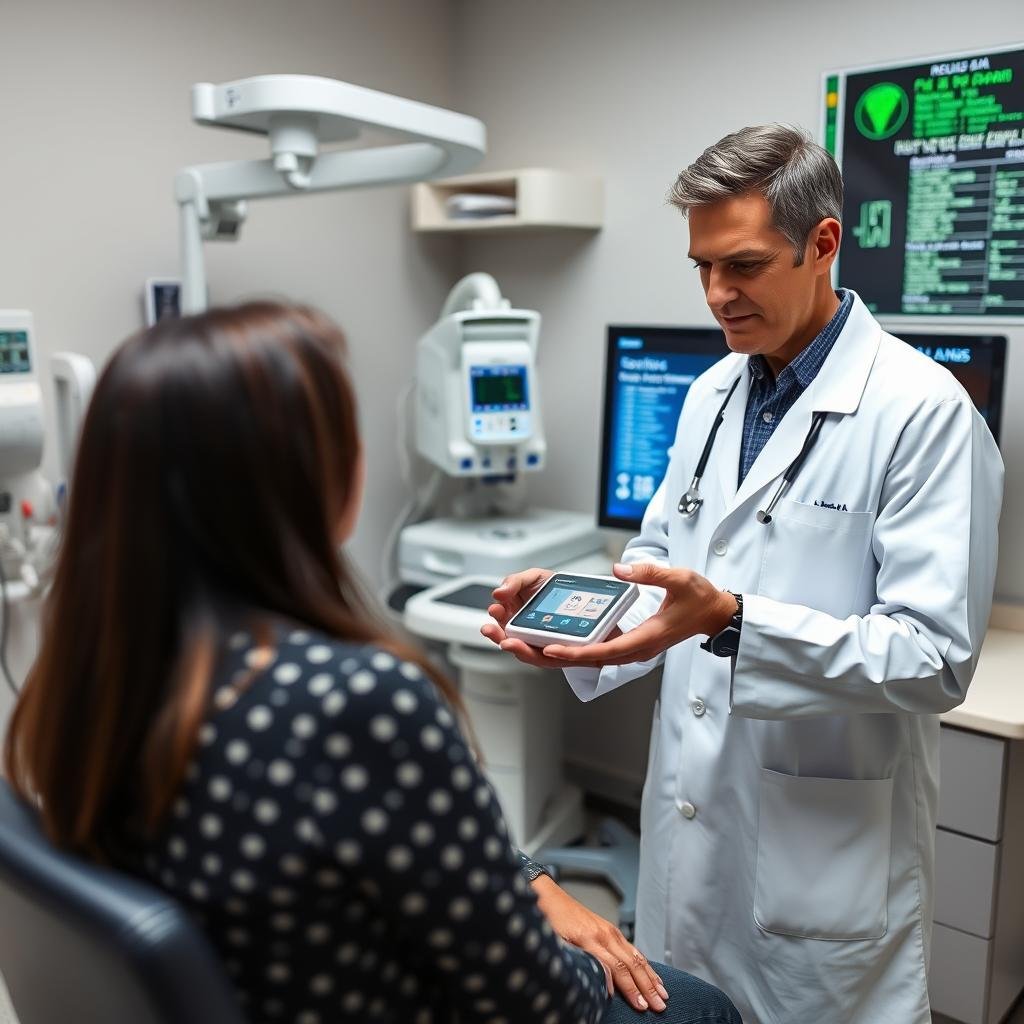 Medical professional using palm quantum health analyzer in clinical setting