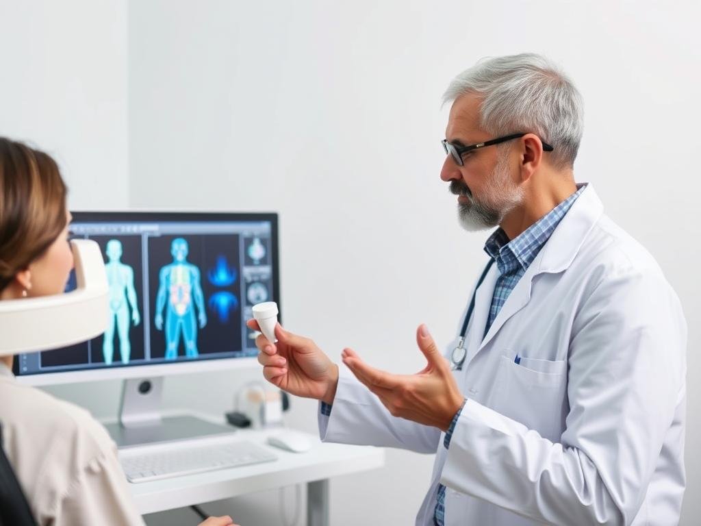 Patient using a quantum magnetic resonance body analyzer with a healthcare professional
