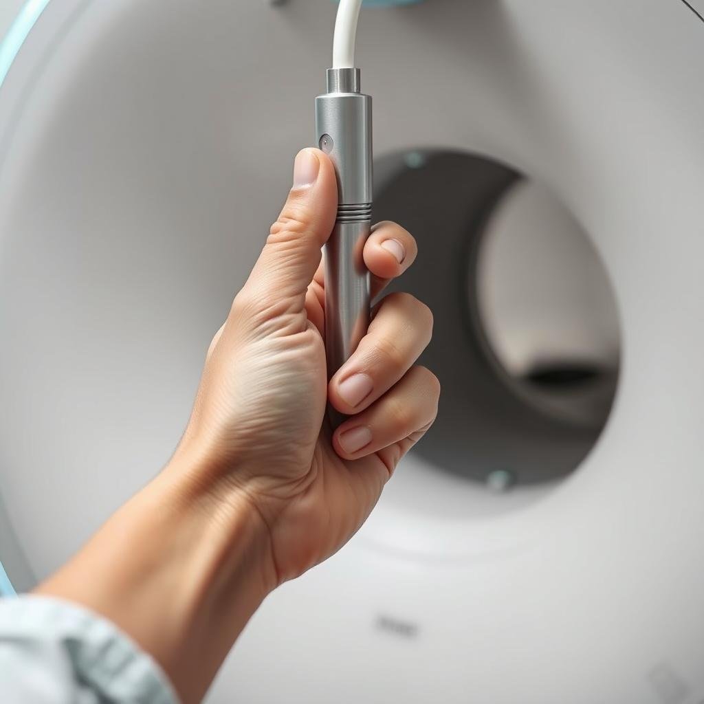 Person holding the quantum resonance magnetic analyzer hand sensor
