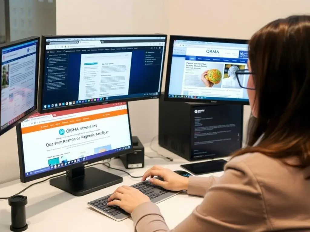 Person researching quantum resonance magnetic analyzer reliability on computer