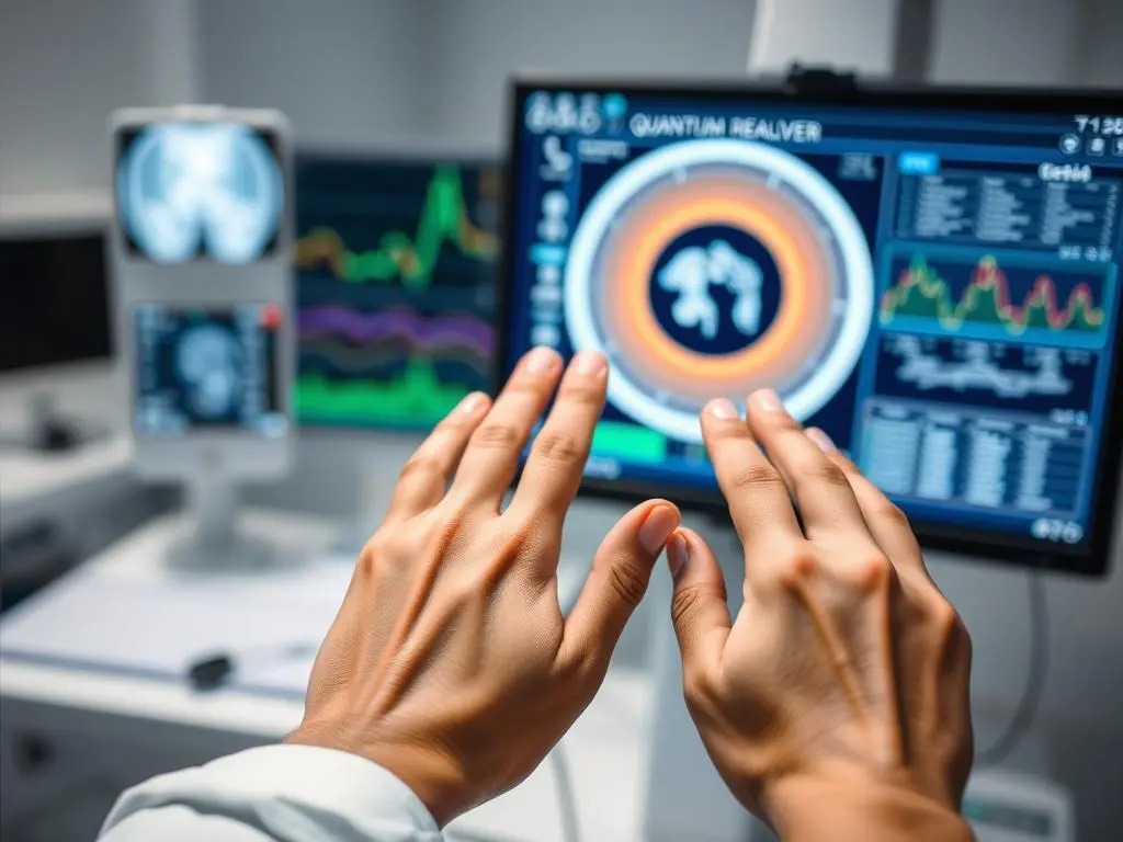 Person using a quantum resonance magnetic analyzer with hand sensors