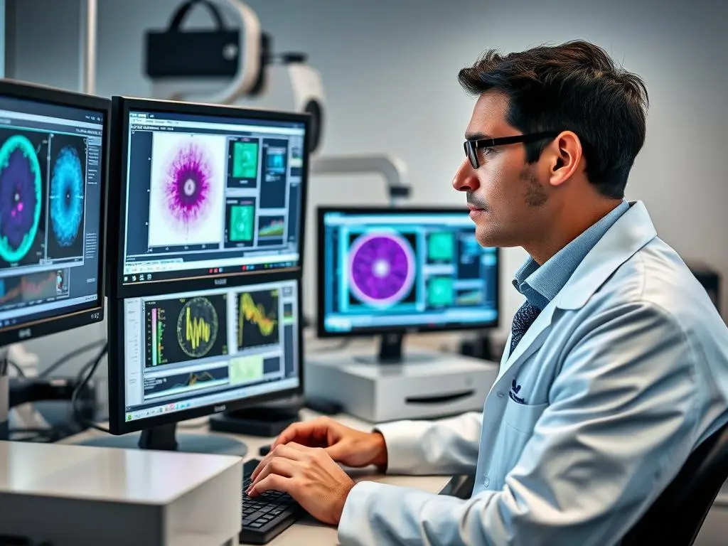 Researcher analyzing QRMA technology limitations in laboratory setting Researcher analyzing QRMA technology limitations in laboratory setting