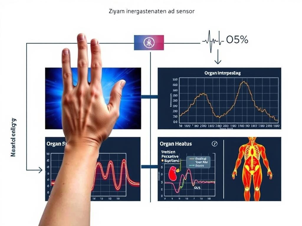 Scientific diagram showing palm quantum health analyzer 46 organs results interpretation