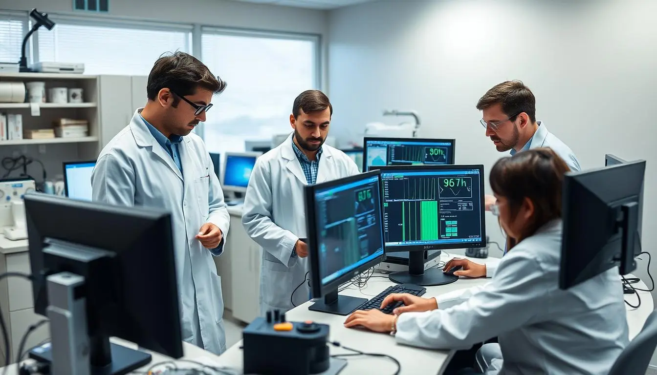 Scientific research team conducting validation studies on QRMA technology Scientific research team conducting validation studies on QRMA technology