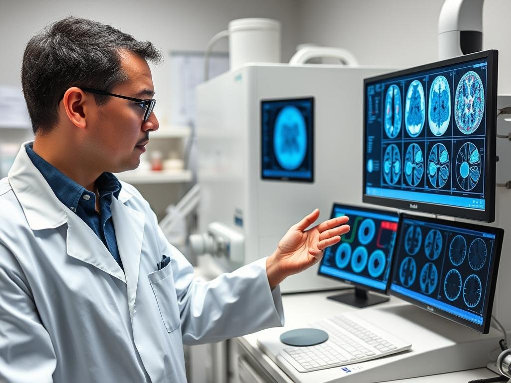Scientist comparing quantum resonance magnetic analyzer results with traditional medical diagnostic equipment