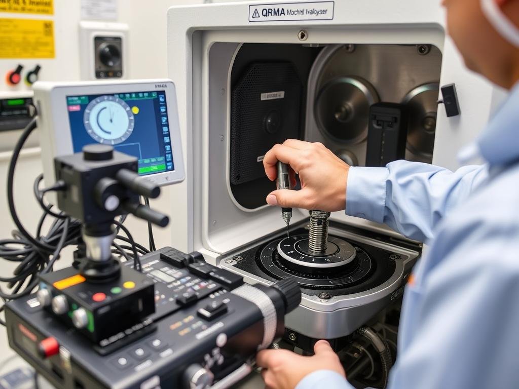 Technician calibrating a quantum resonance magnetic analyzer device