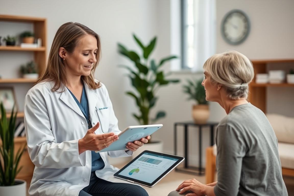 Alternative medicine practitioner reviewing Quantum Resonance Magnetic Analyzer results with patient Alternative medicine practitioner reviewing Quantum Resonance Magnetic Analyzer results with patient