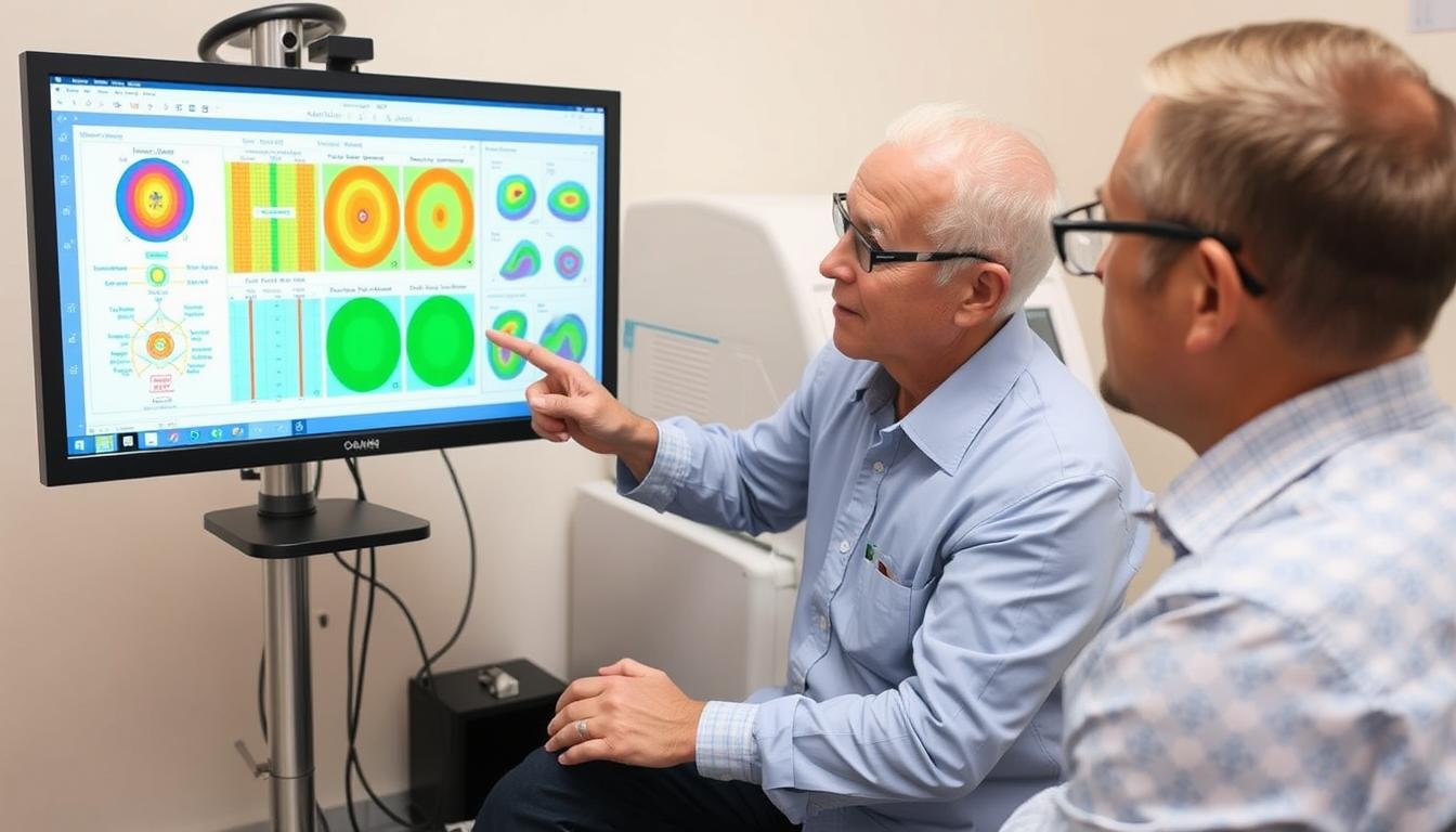 Certified Quantum Resonance Magnetic Analyzer operator explaining results to client Certified Quantum Resonance Magnetic Analyzer operator explaining results to client