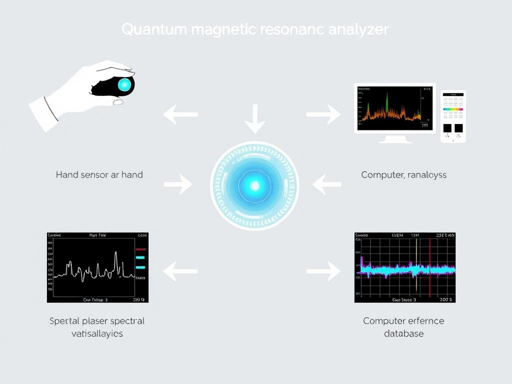 Diagrama del funcionamiento del analizador cuántico de resonancia magnética mostrando el flujo de datos Diagrama del funcionamiento del analizador cuántico de resonancia magnética mostrando el flujo de datos