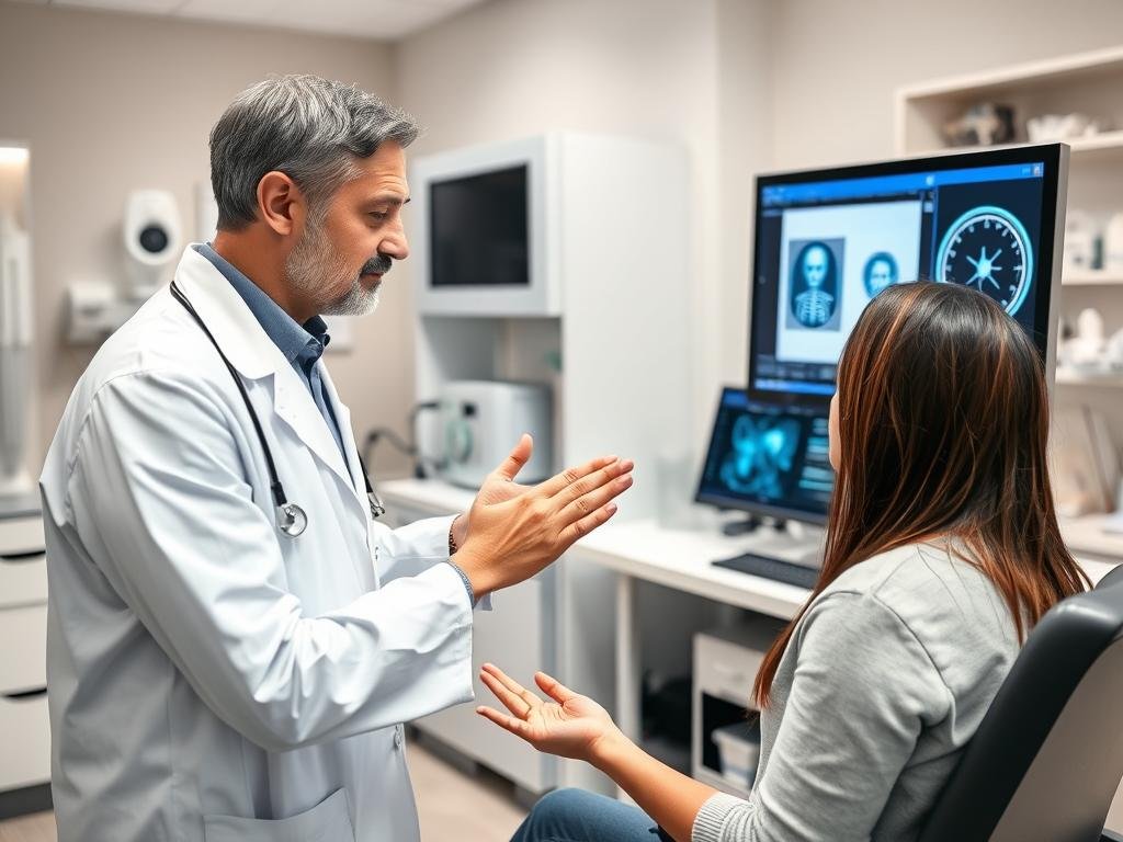 Doctor using Quantum Resonance Magnetic Analyzer in a clinical setting