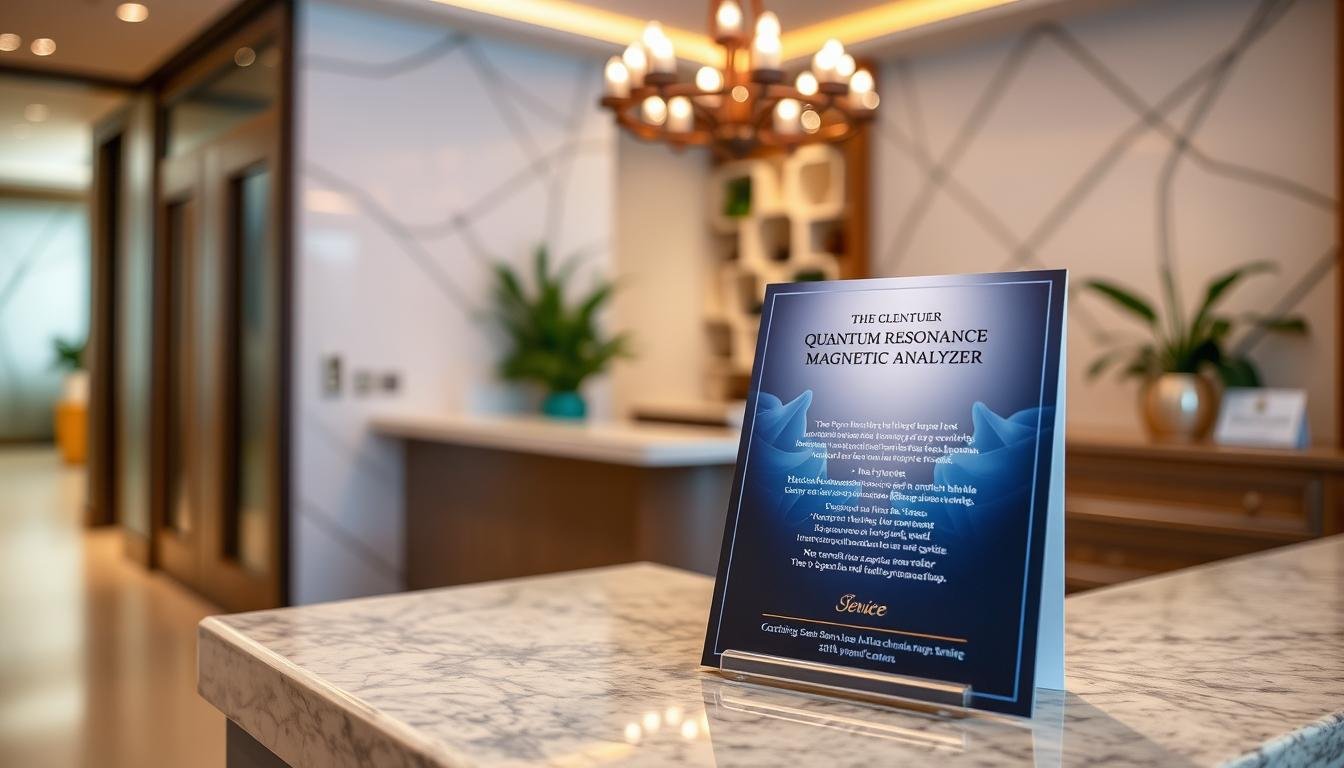 Elegant spa reception with Quantum Resonance Magnetic Analyzer promotional materials Elegant spa reception with Quantum Resonance Magnetic Analyzer promotional materials