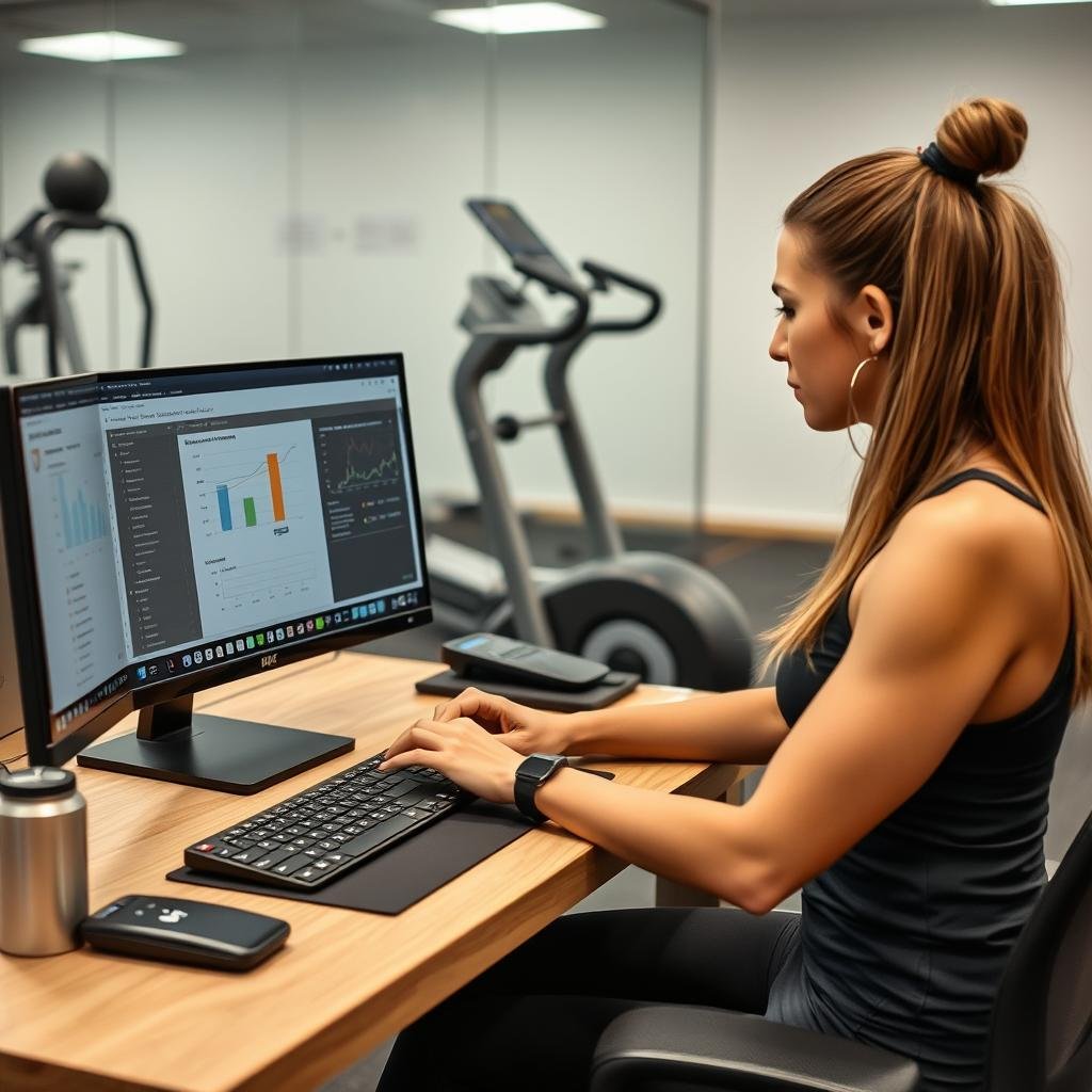 Fitness coach creating personalized training program based on analyzer data Fitness coach creating personalized training program based on analyzer data