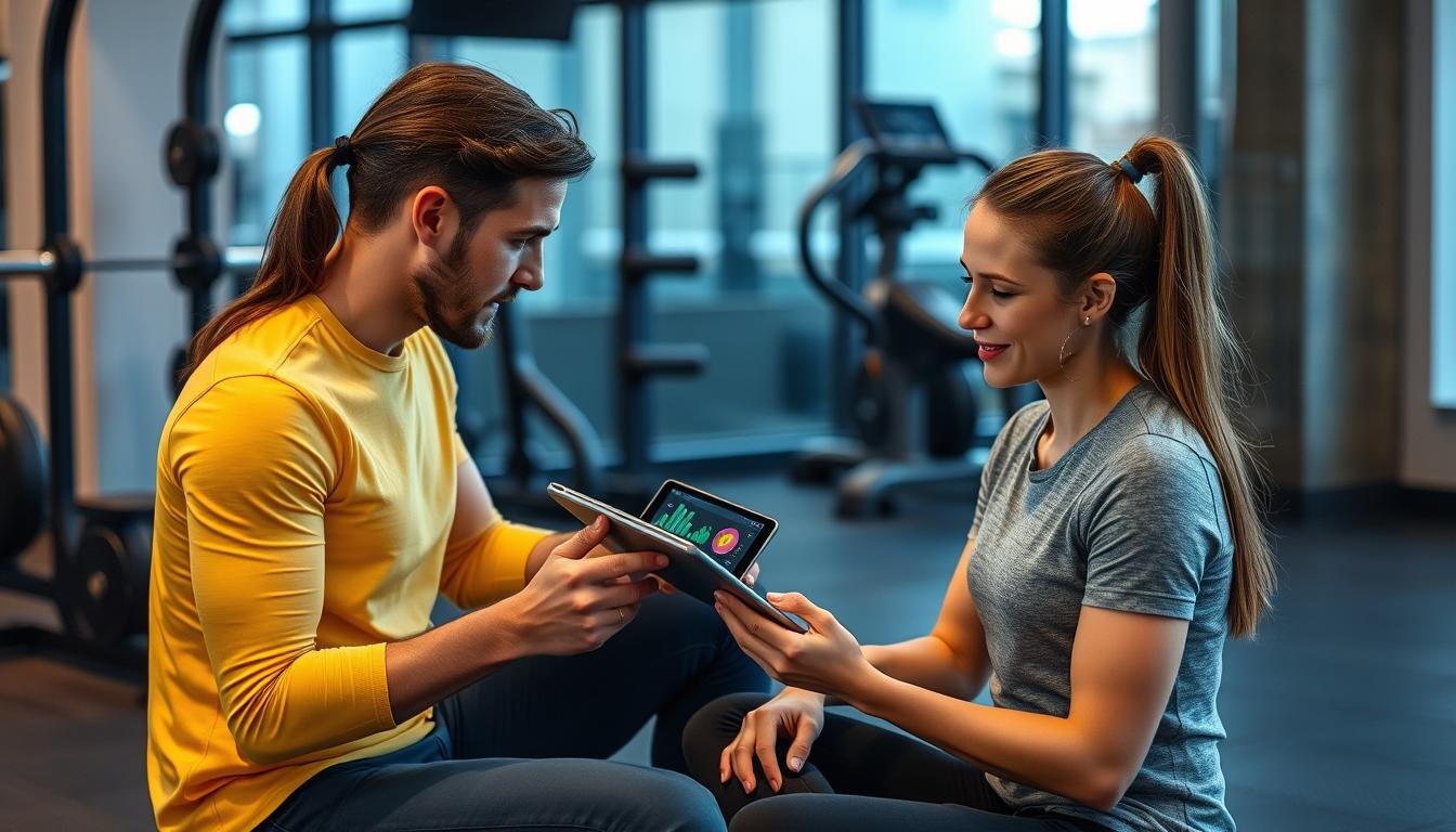 Fitness coach reviewing Quantum Resonance Magnetic Analyzer reports with client Fitness coach reviewing Quantum Resonance Magnetic Analyzer reports with client