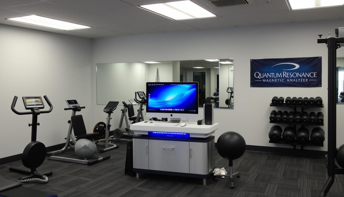 Fitness studio with Quantum Resonance Magnetic Analyzer assessment station Fitness studio with Quantum Resonance Magnetic Analyzer assessment station