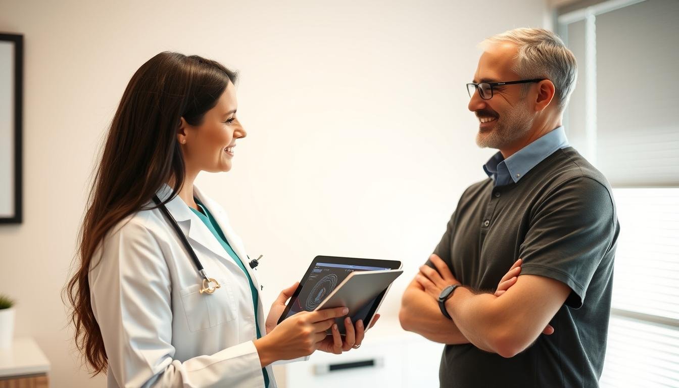 Healthcare professional demonstrating Quantum Resonance Magnetic Analyzer benefits to a patient Healthcare professional demonstrating Quantum Resonance Magnetic Analyzer benefits to a patient