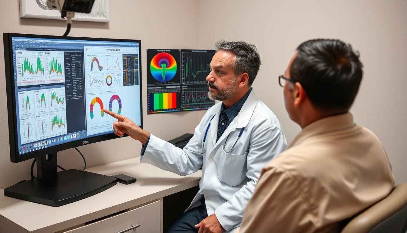 Healthcare professional explaining Quantum Resonance Magnetic Analyzer results to a patient Healthcare professional explaining Quantum Resonance Magnetic Analyzer results to a patient
